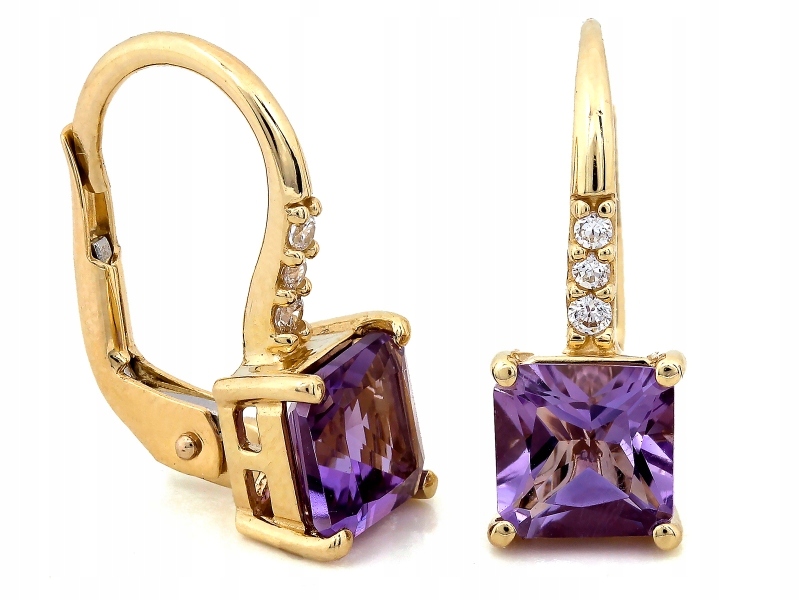 Zlaté náušnice 585 anglické s čtvercovým fialovým kamenem jako dárek