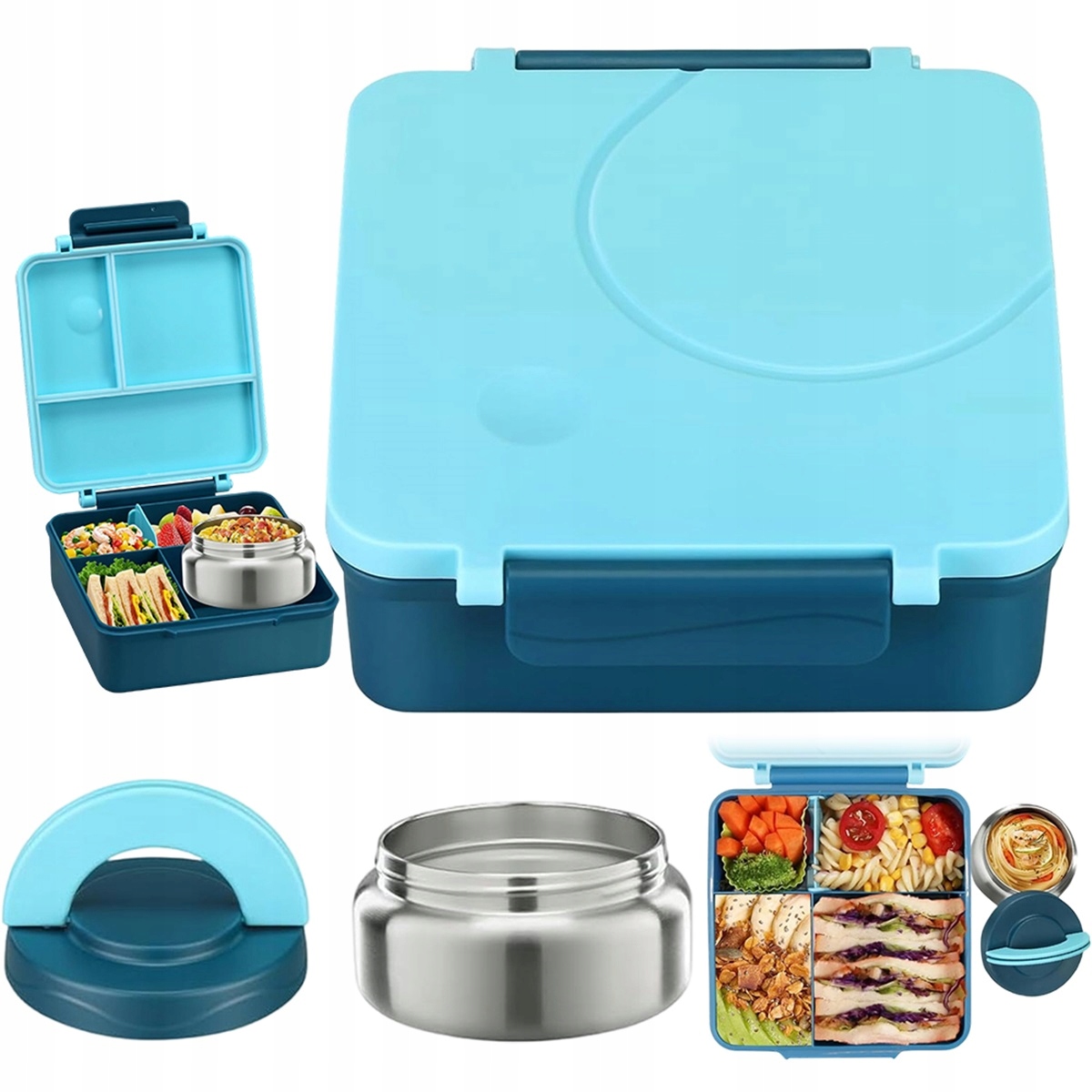 Modrý bento set 1600 ml s termoskou 250 ml na těstoviny a zmrzlinu