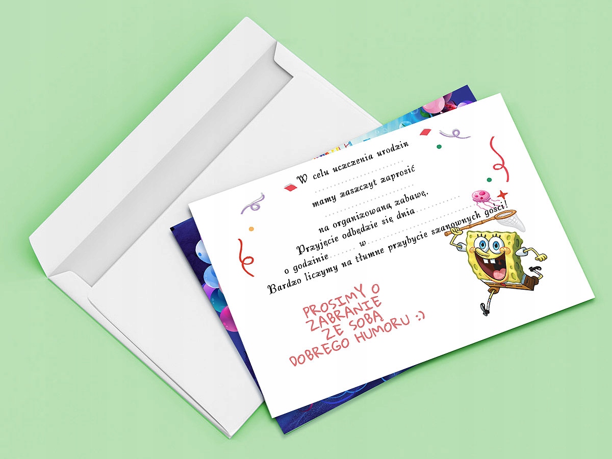 ZAPROSZENIE SPONGEBOB NA URODZINY DZIECKA + KOPERTA GRATIS Stan opakowania oryginalne