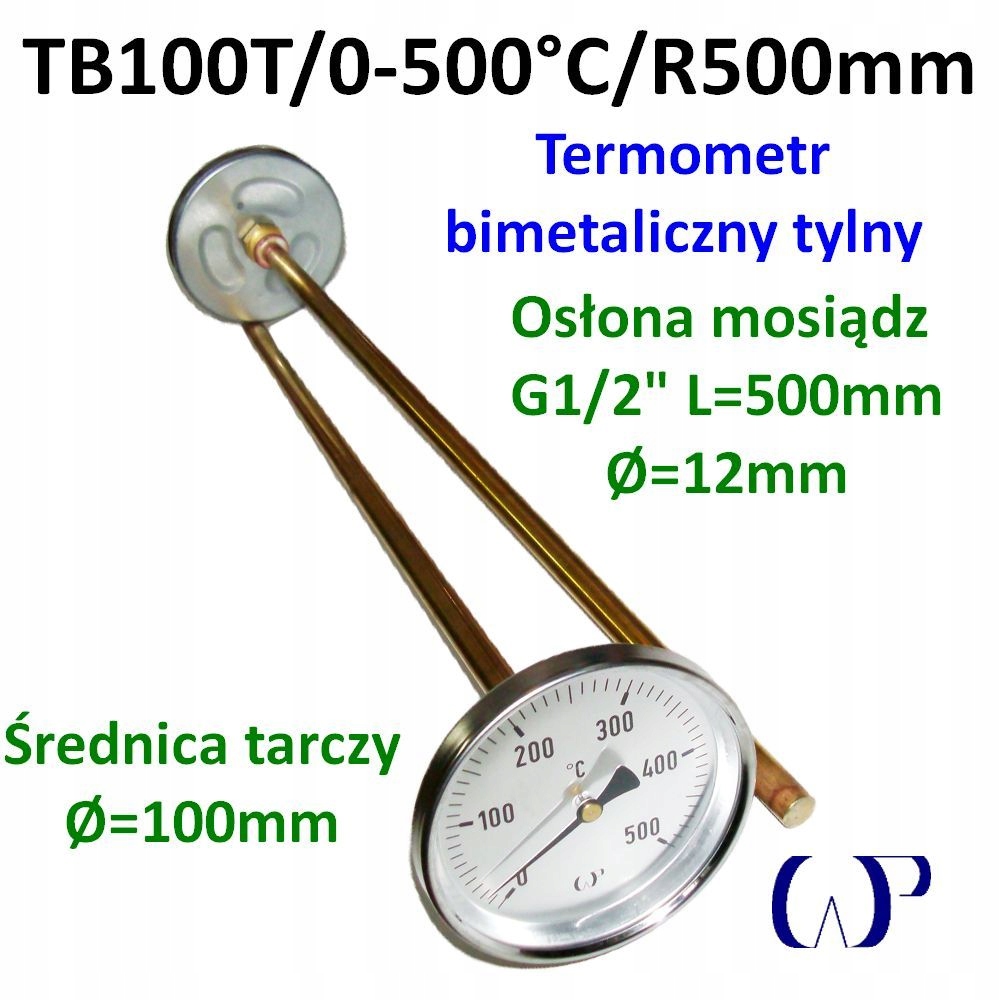 Bimetalový teploměr TB100T/0-500°C zadní hrdlo 500 mm mosaz G1/2"