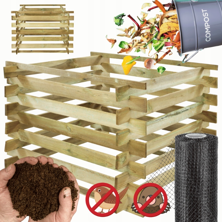 Kompostownik drewniany ogrodowy Impregnowany siatka na krety modułowy Eko