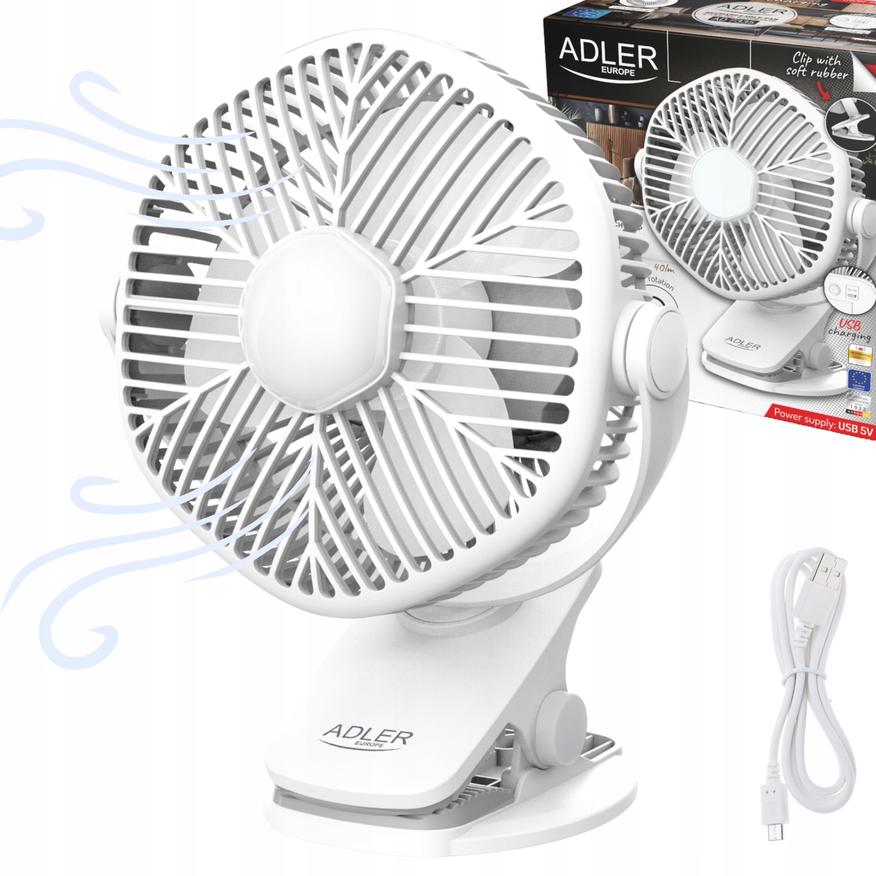 Wentylator Adler AD 7335 z klipsem i latarką LED USB