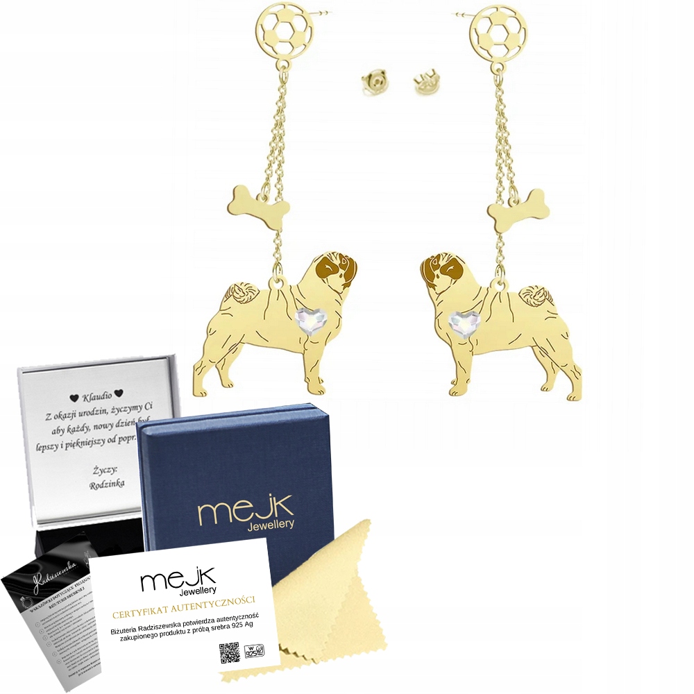 Náušnice Zlaté se psem Mops Pug 925 Šperky Dárek Dýka Dedikace