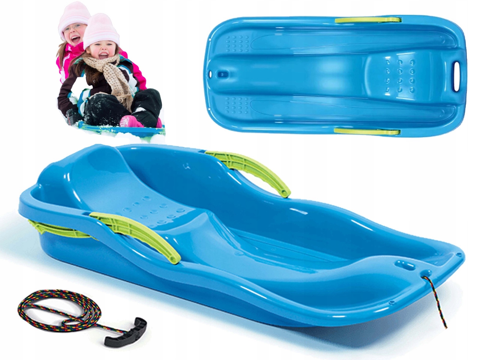 Sanki Ślizgi Z Hamulcem Niebieskie Plastikowe z Rączką I Sznurkiem Na Zimę