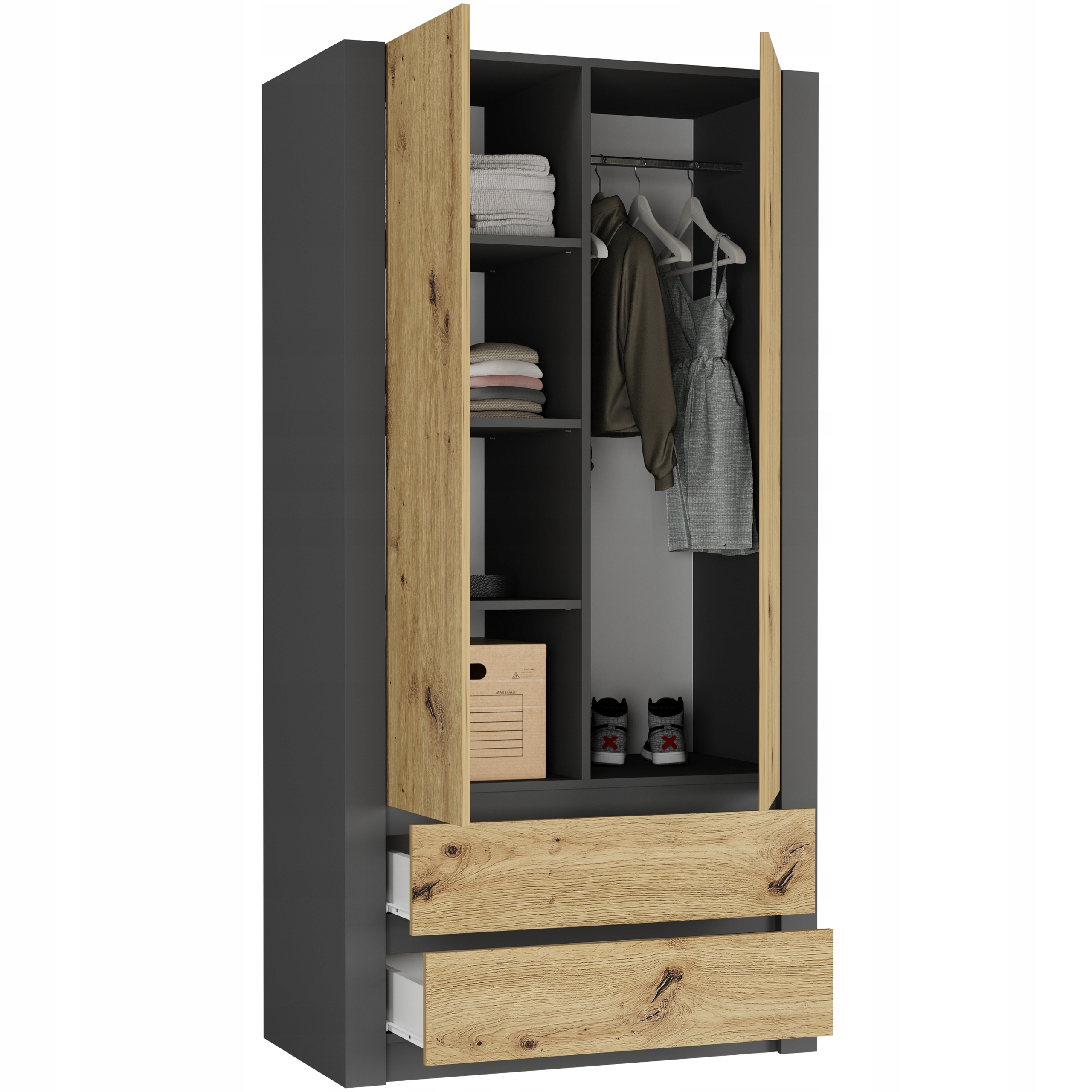 Szafa garderoba 90cm 2d 2sz antracyt mix artisan B-20