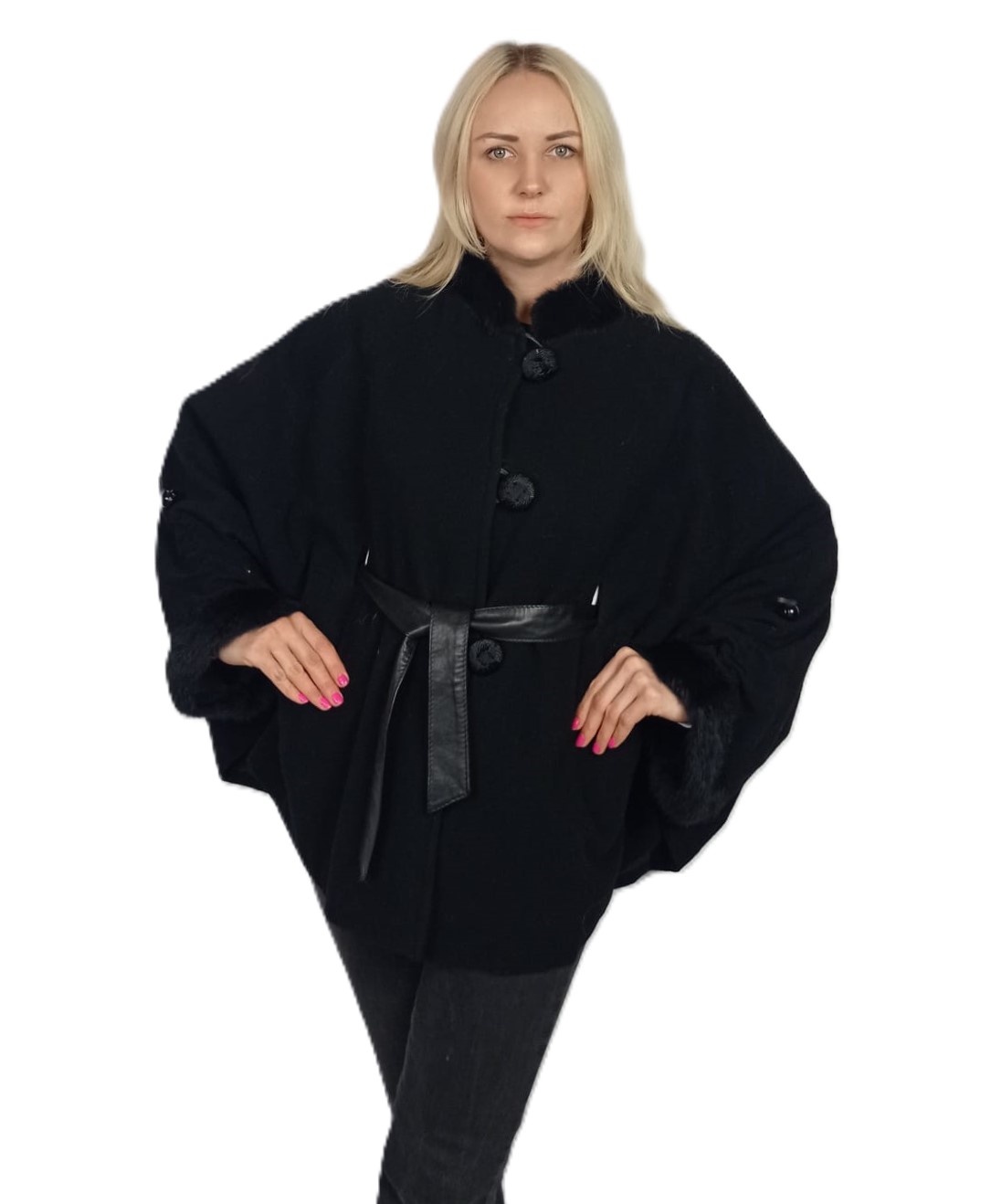 Peleryna obszyta naturalnym futrem królik Rex- czarne