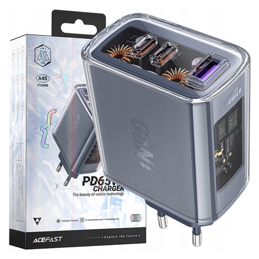 Acefast nabíječka GaN 65W 3 porty (1xUSB, 2xUSB C) šedá (A45)