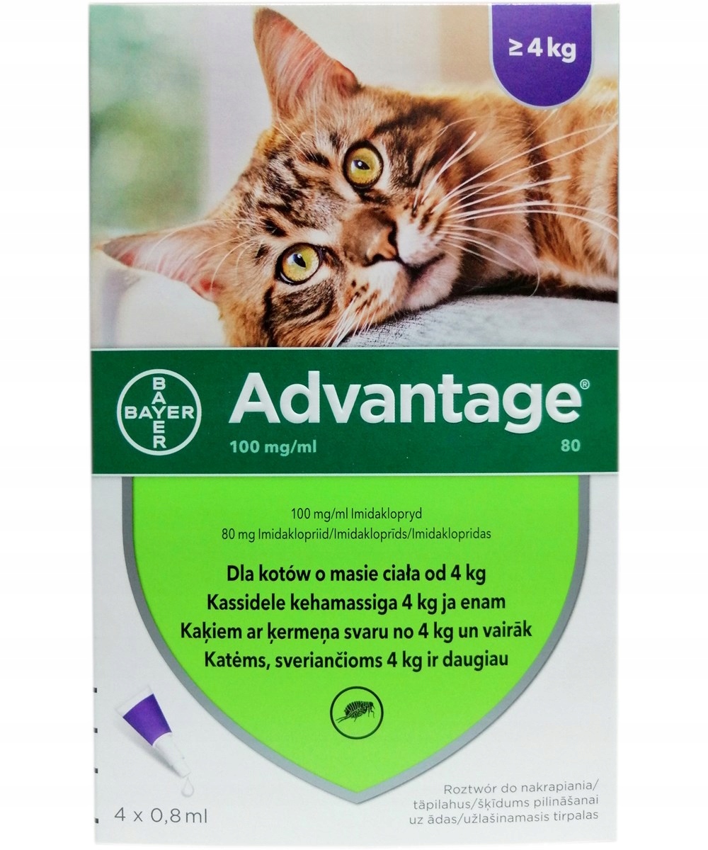Advantage 4x 0,8ml Roztwór do nakrapiania przeciw pchłom, kot 4kg+