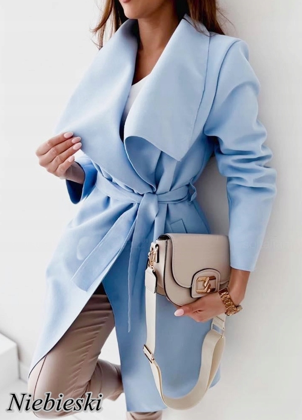 3 Płaszcz wiązany klasyczny kieszenie pasek flausz Rękaw długi rękaw