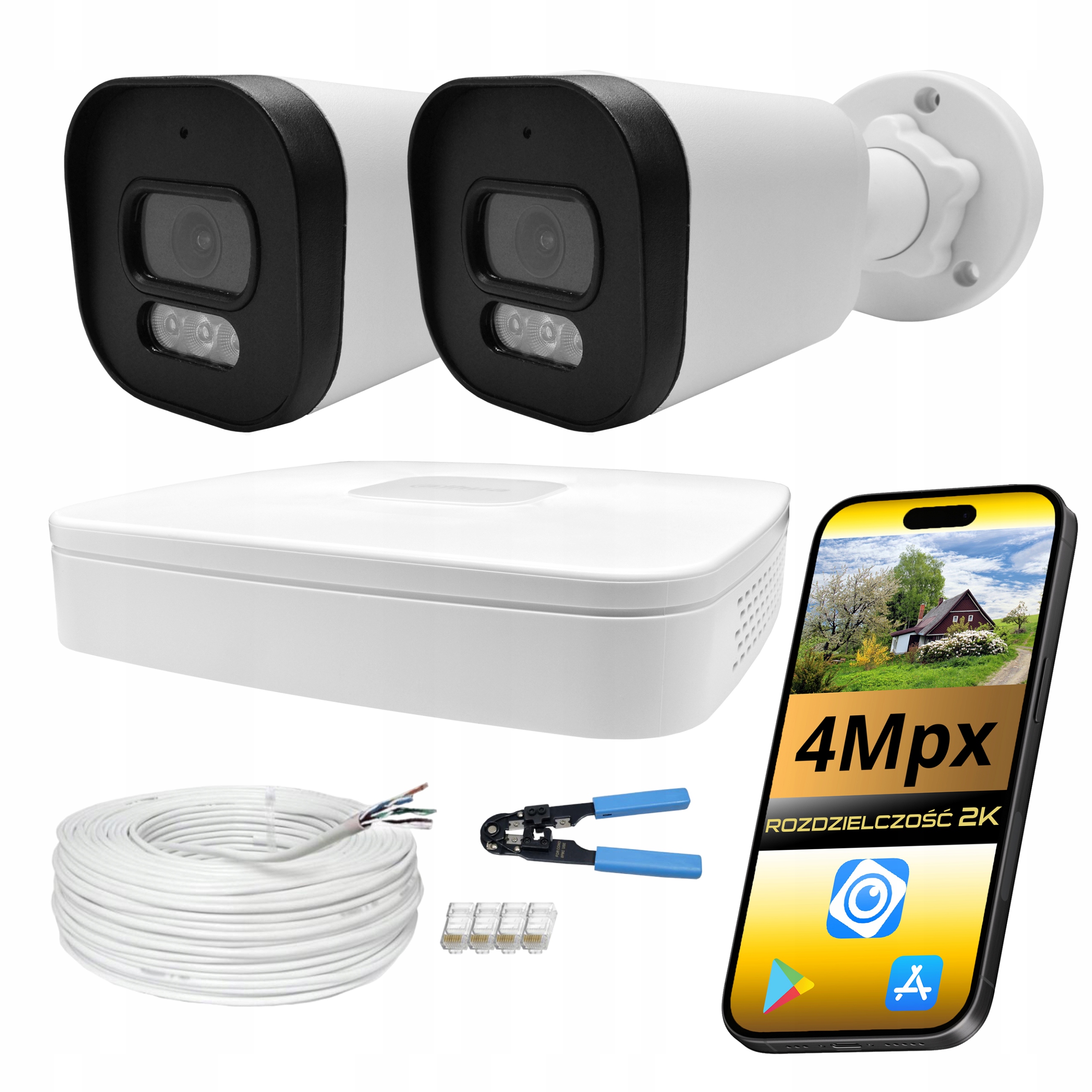 Sada pro monitorování domu Dahua 2 venkovní Ip kamery PoE 4Mpx Dual Light