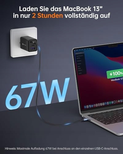 NOVOO 67W USB C Ładowarka 3-Port GaN III Szybkie Ładowanie MacBook iPhone — miniatura 2