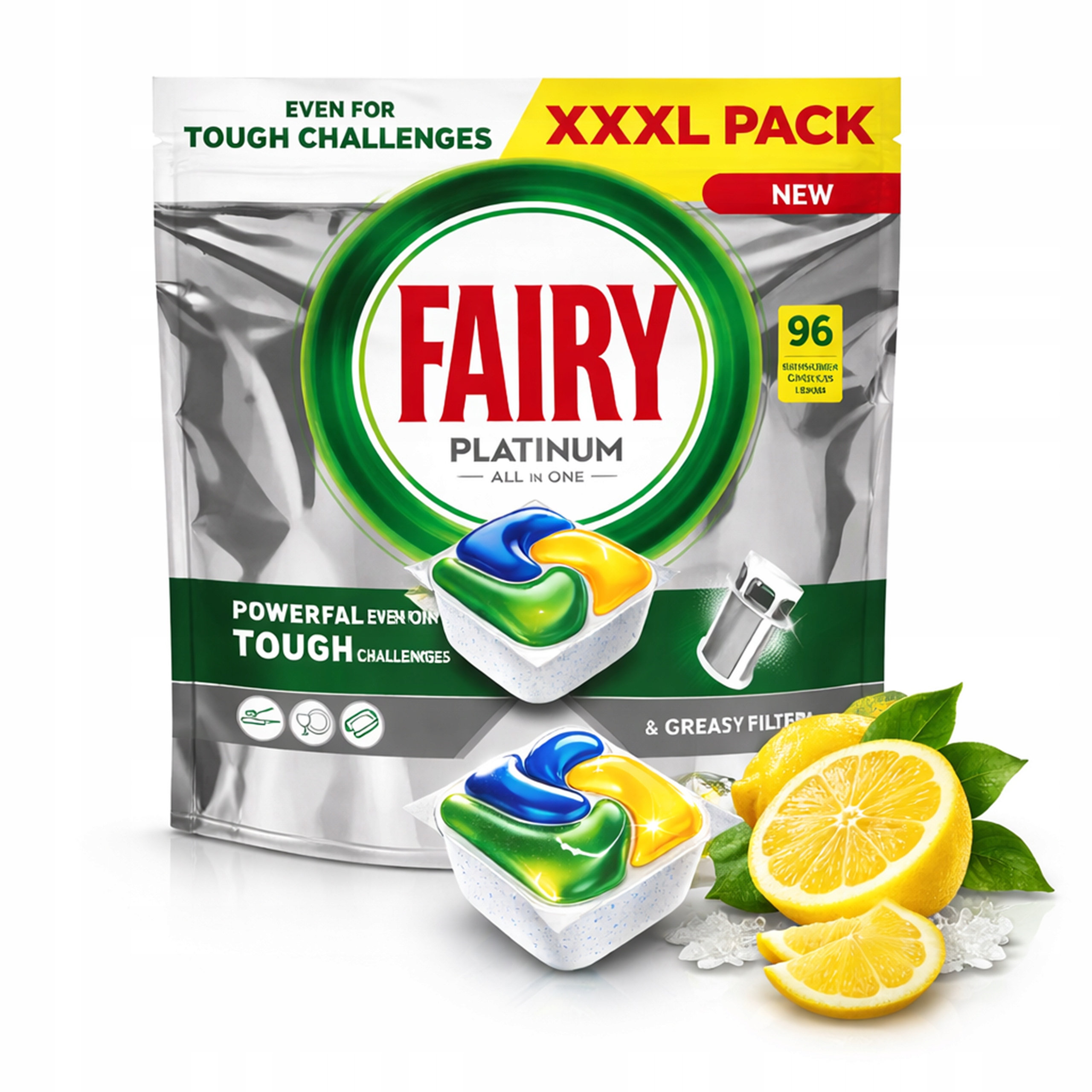 Levně Kapsle do myčky nádobí Fairy Platinum All in One Lemon citronové 96 Ks