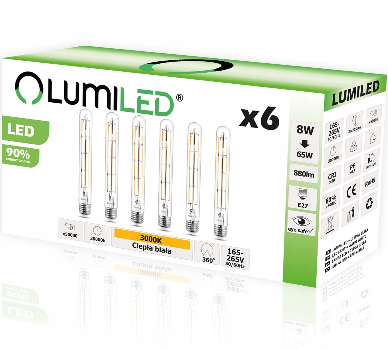 

6X Żarówka Led E27 Tuba T30 8W 65W 3000K Lumiled