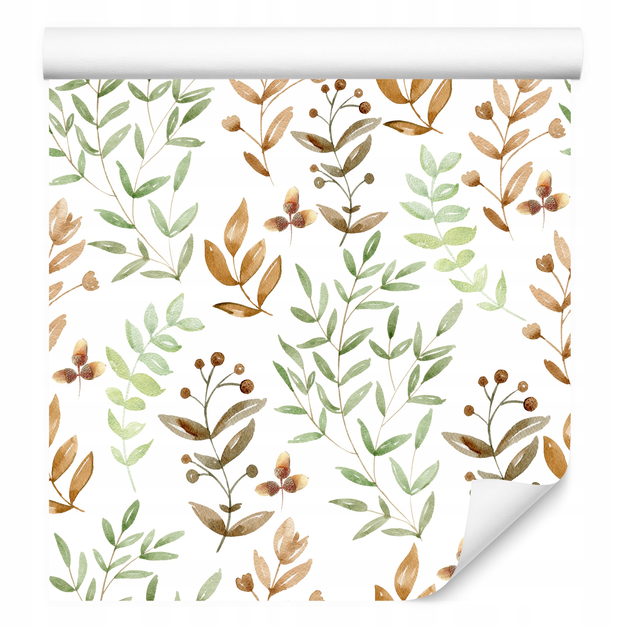 Dekorativní tapeta Pastelové Listy Akvarel Příroda Rostliny Žaludy Boho