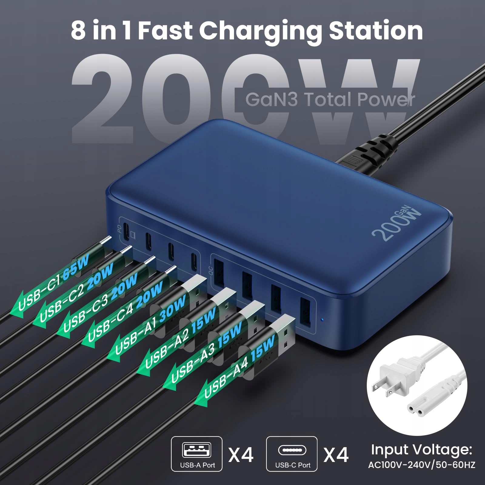 Feob 200W GaN III 8-Port USB C Fast Charger for Laptops & Phones — miniatura 4