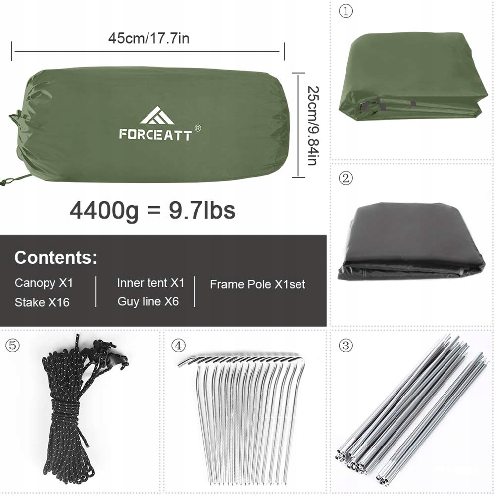 FORCEATT Namiot 4 Osobowy Wodoodporny Lekki Na Camping Trekking Outdoor — miniatura 5