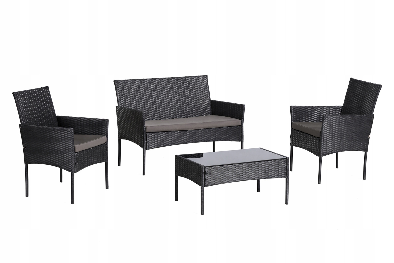 ZESTAW MEBLI OGRODOWYCH RATTAN CZARNY NA TARAS FOTELE SOFA STOLIK