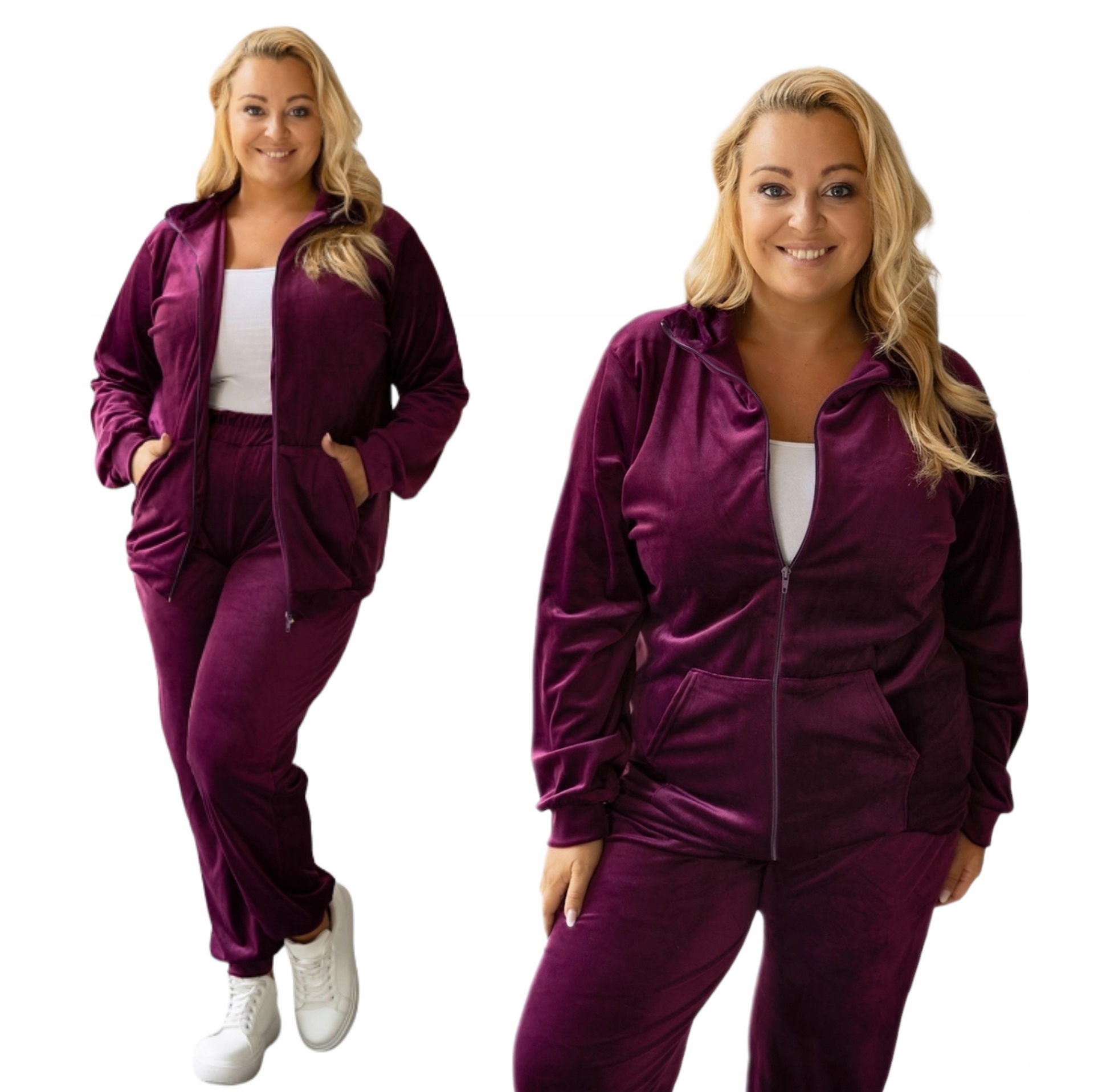 Dres welurowy Komplet Spodnie Bluza Rozpinana Śliwkowy Pl Plus Size 48/50