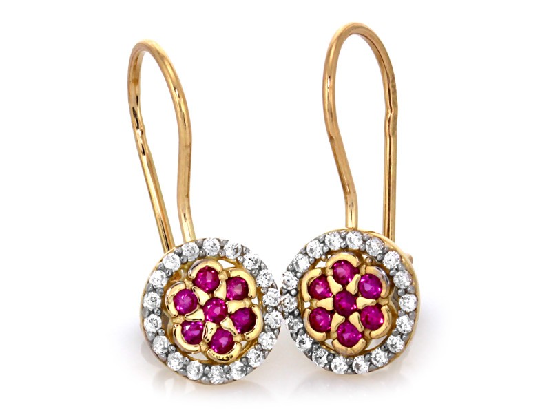 Náušnice zlaté 585 na biglu růžová květina obklopená bílými zirkony 14kt