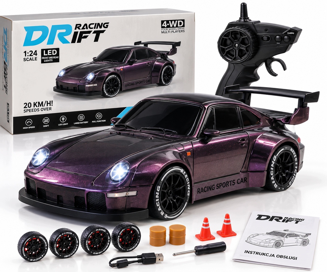 Szybkie Auto do Driftu Rc Porsche Sportowe Drift Sterowane 20KM Wyścigowe