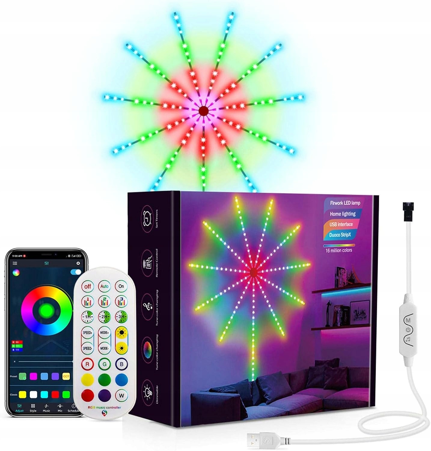 Lampa Ohňostroj 3D Led 100 cm Rgb Pásek ovládaný dálkovým ovladačem Bluetooth 2 ks