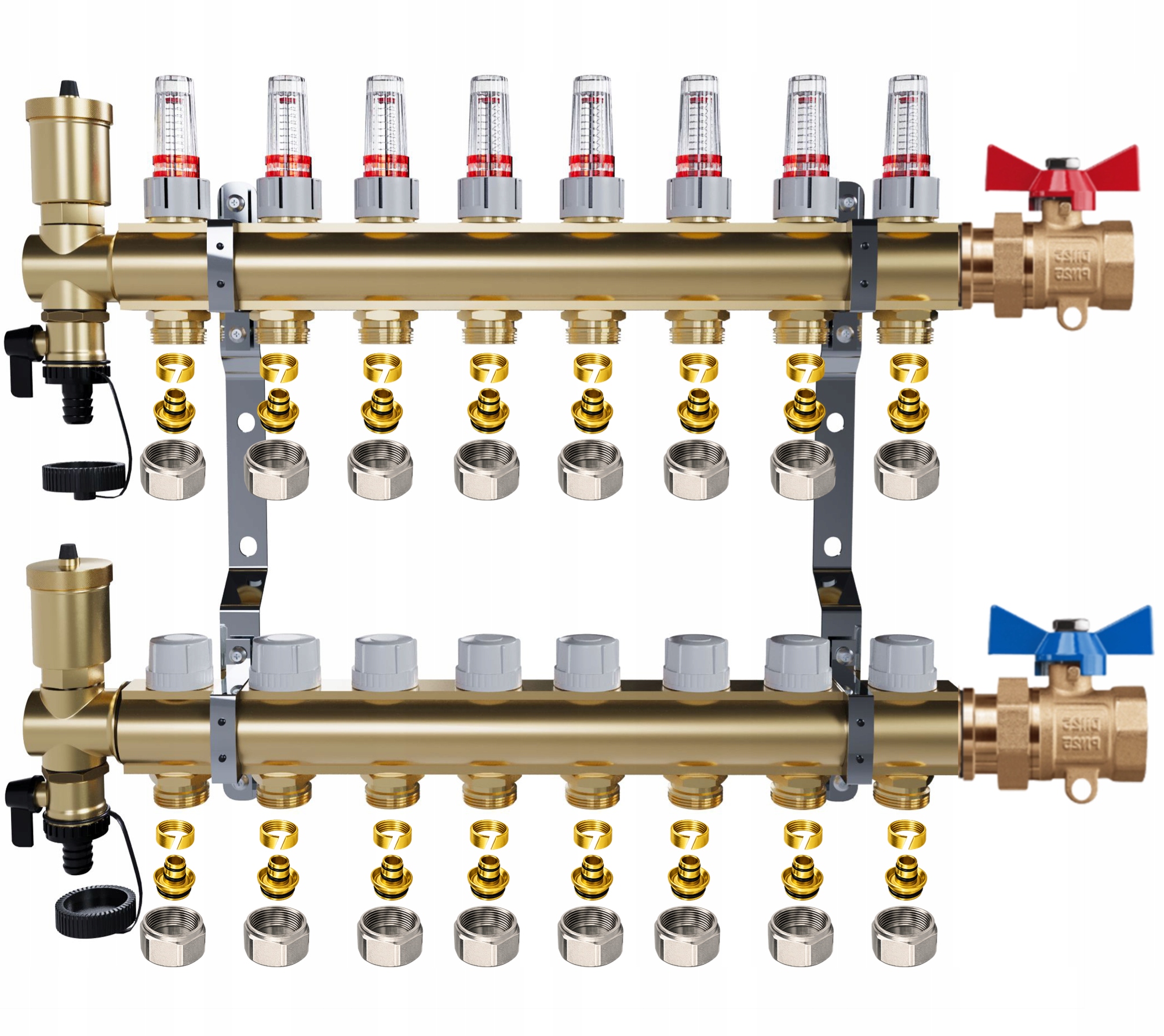 Rozdělovač pro podlahové vytápění – 8 okruhů jednoduché ventily Pex