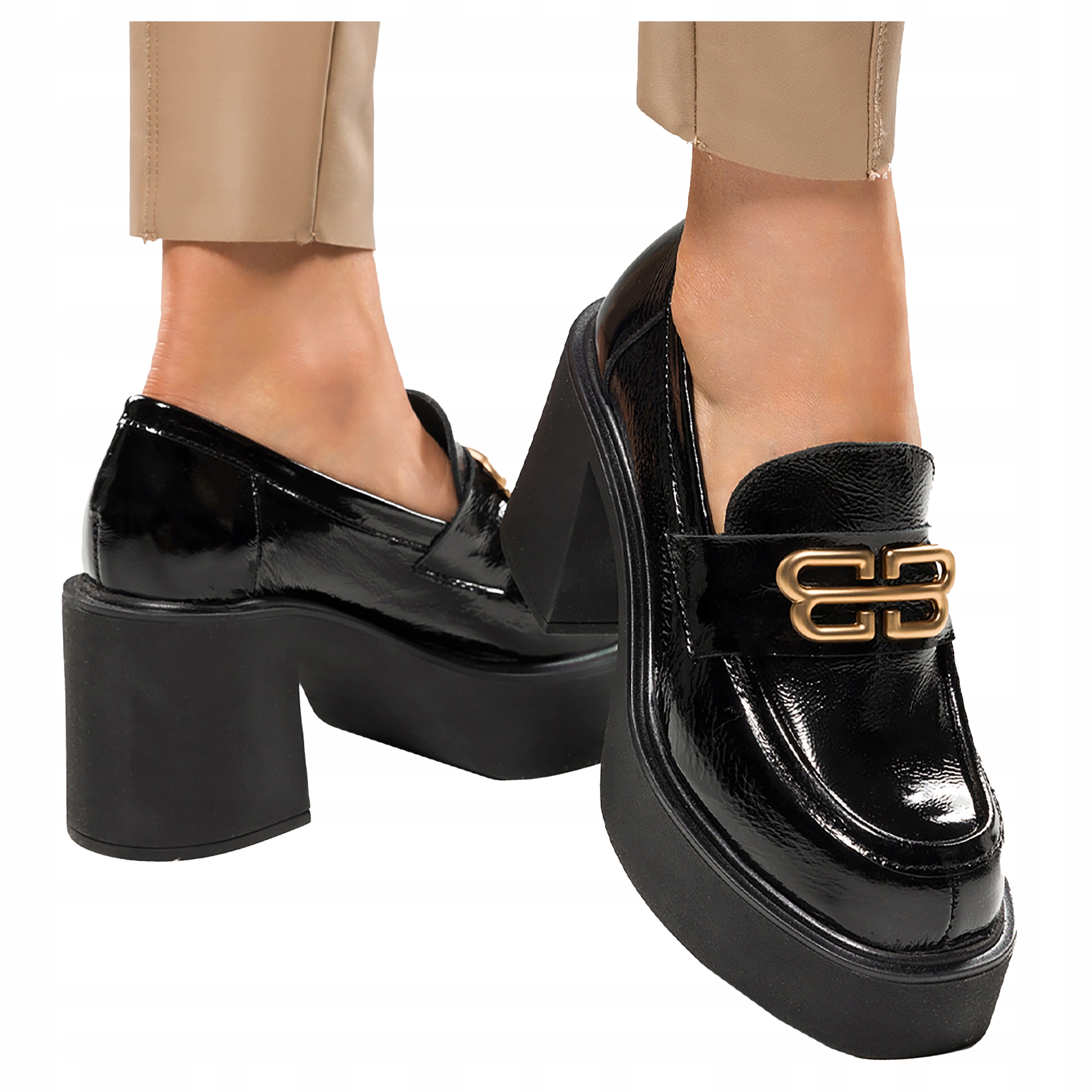 Černé Lakované Kožené mokasíny na širokém bloku Polský Výrobek r 39