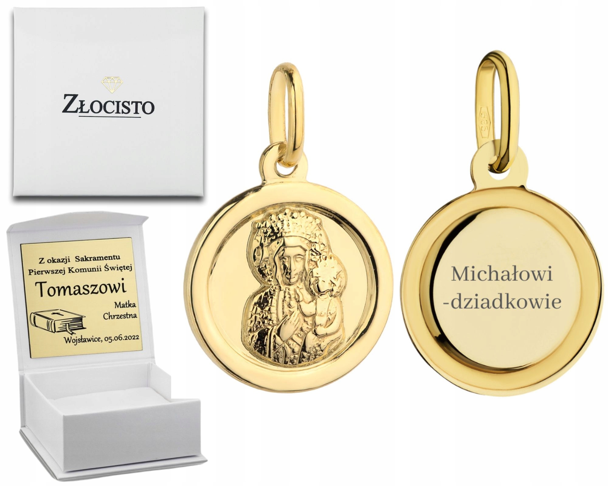 Zlatý Medailonek Panna Maria Čenstochovská 585 Gravírování Křest Svaté Přijímání Dárek