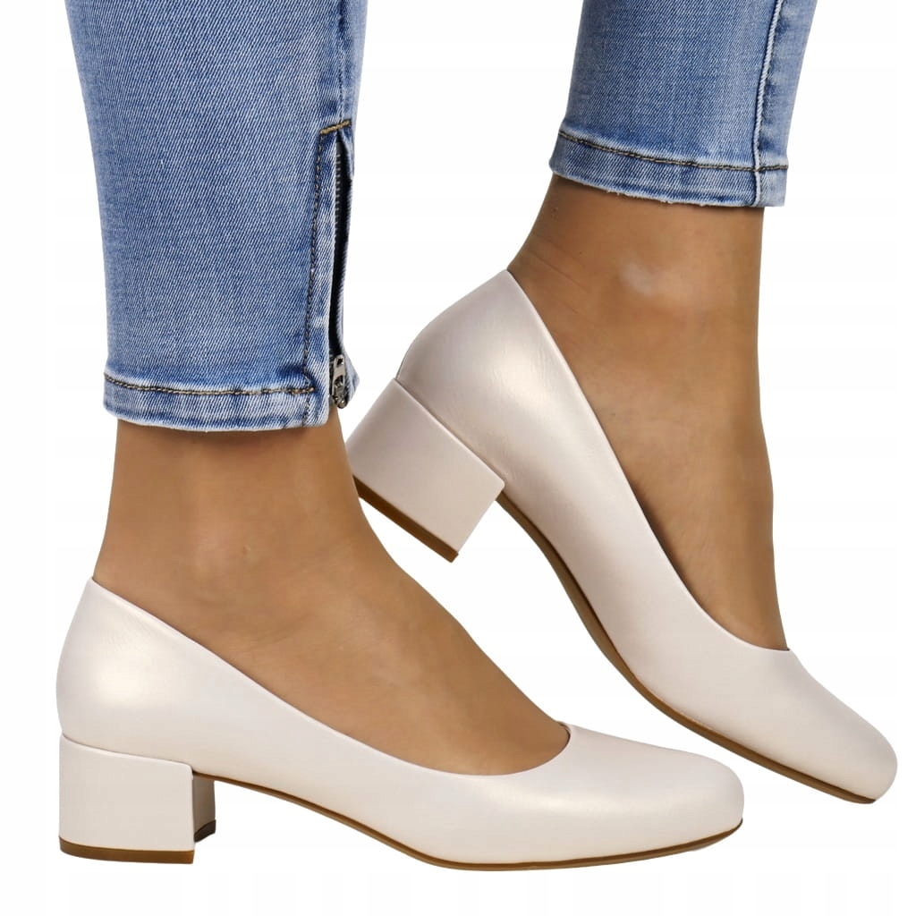 DAMSKIE BUTY CZÓŁENKA NA NISKIM OBCASIE BEŻOWE PERŁOWE WKŁADKA SKÓRA Marka Sergio Leone