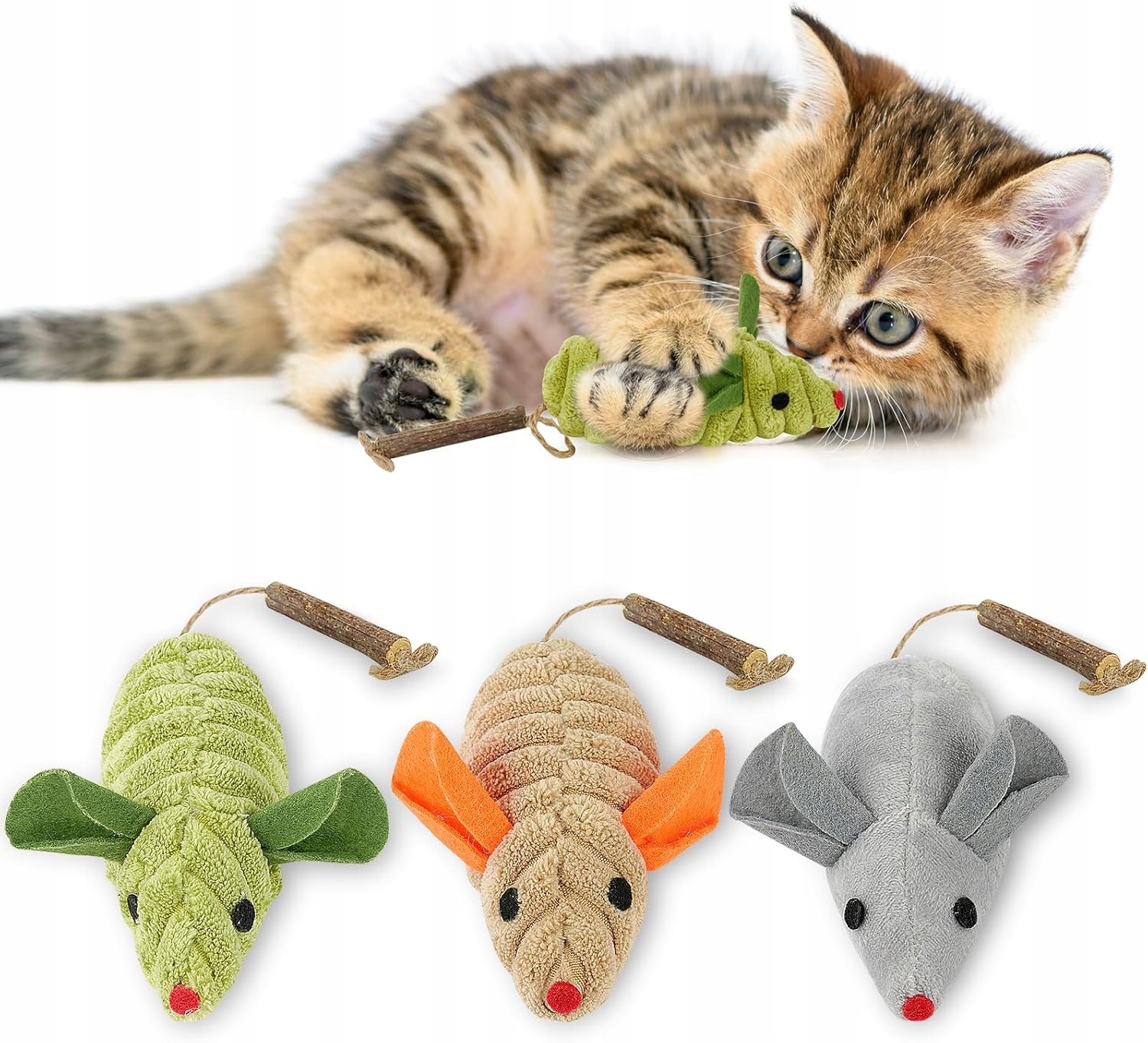 Levně Plyšové Hračky Pro Kočky Ve Tvaru Myši, 3 Kusy S Přídavkem Koťátka