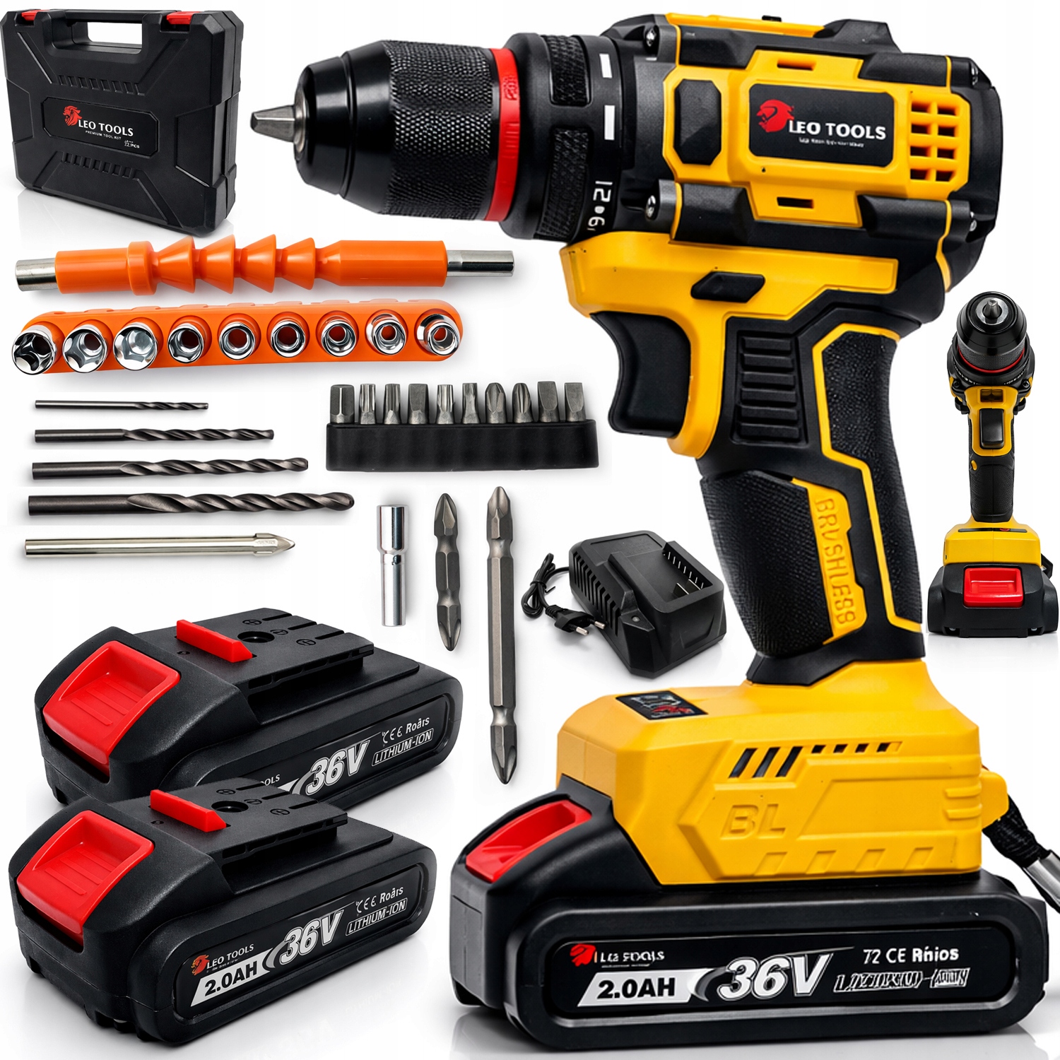 Wiertarko Wkrętarka Akumulatorowa Bezszczotkowa Udarowa 36V Led 2xAKU Bity