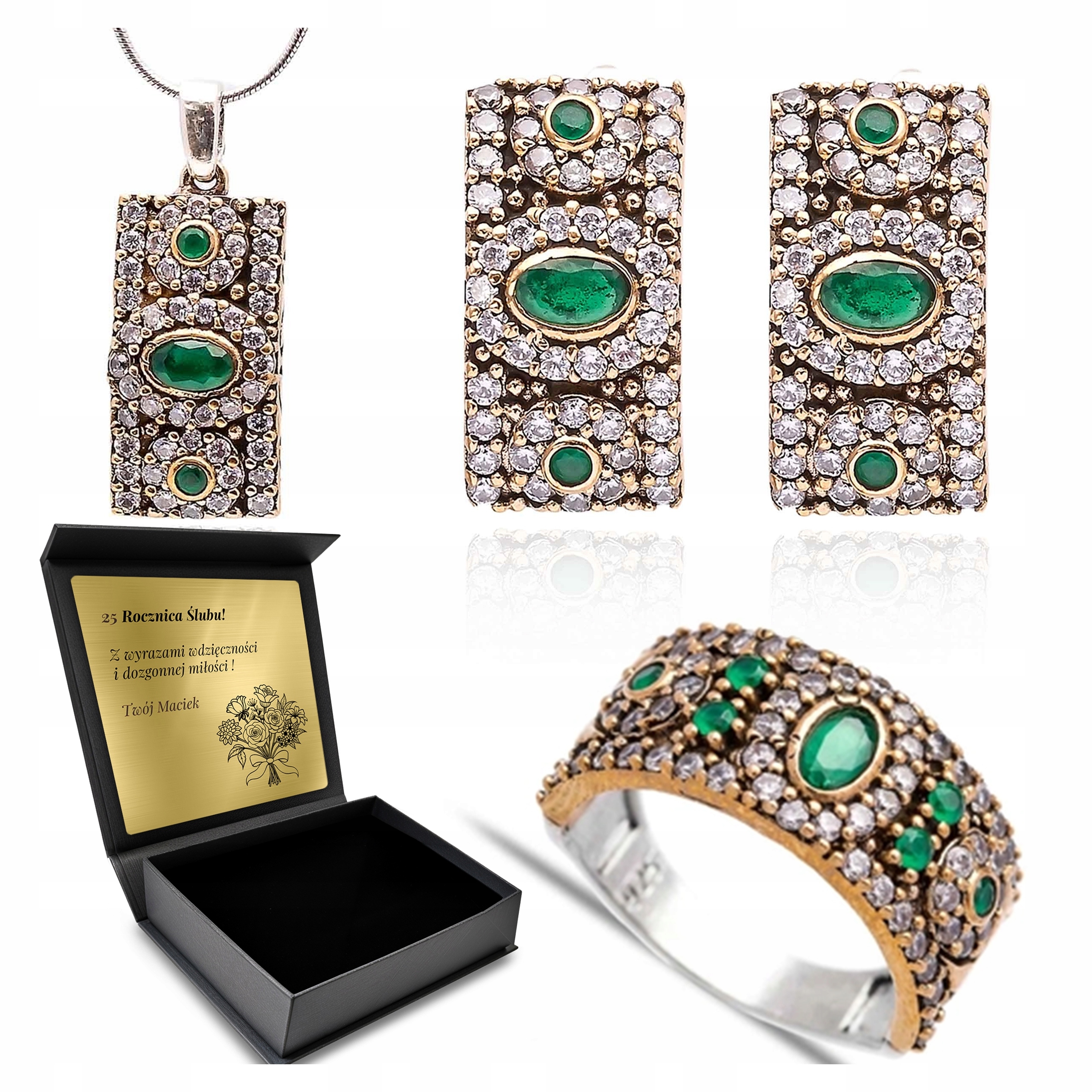 Turecká stříbrná sada šperků s orientálními Smaragd Zirkony a Gravírování