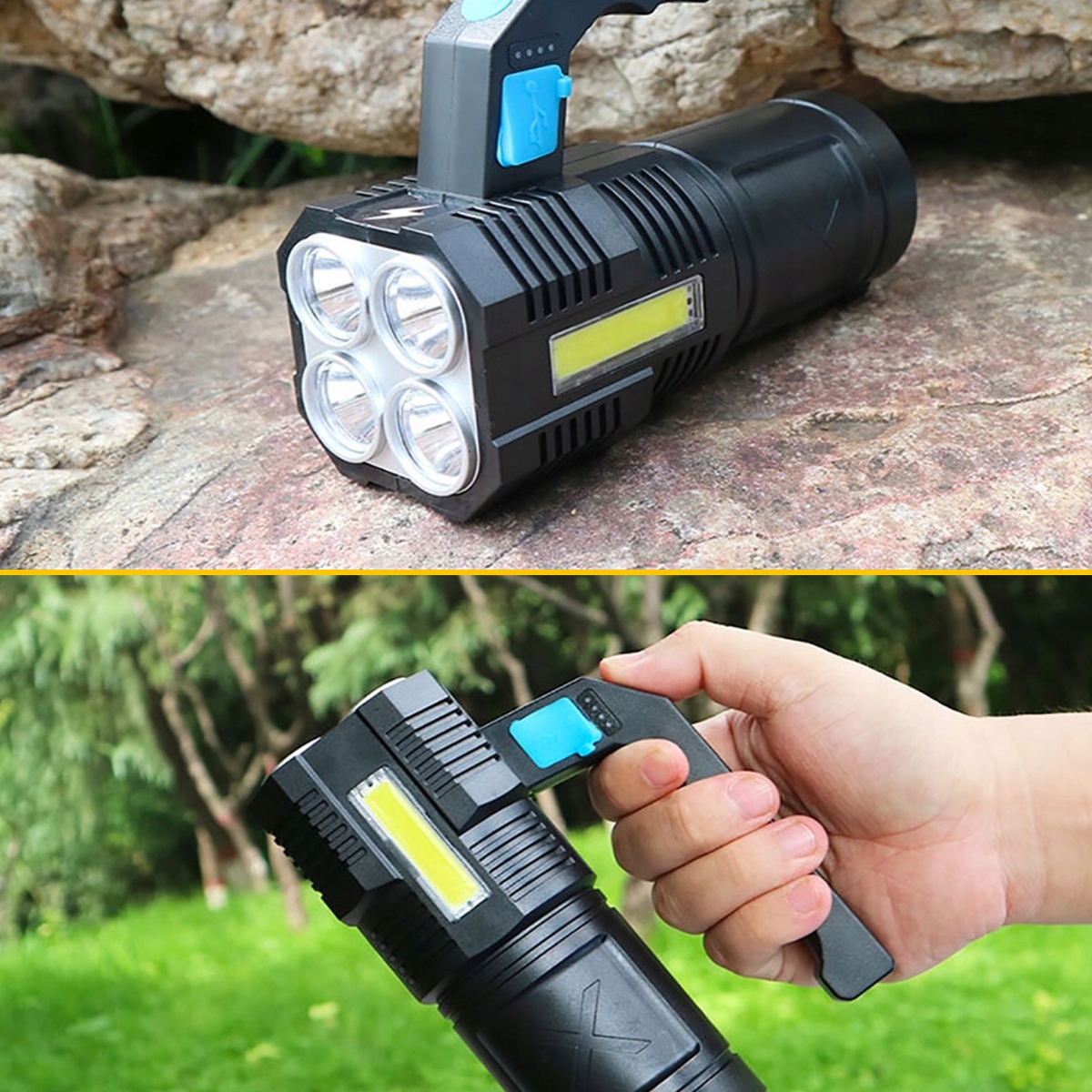 LATARKA AKUMULATOROWA MOCNA SZPERACZ REFLEKTOR LED WIELOFUNKCYJNA BIWAKOWA Model LATARKA AKUMULATOROWA SZPERACZ LED USB