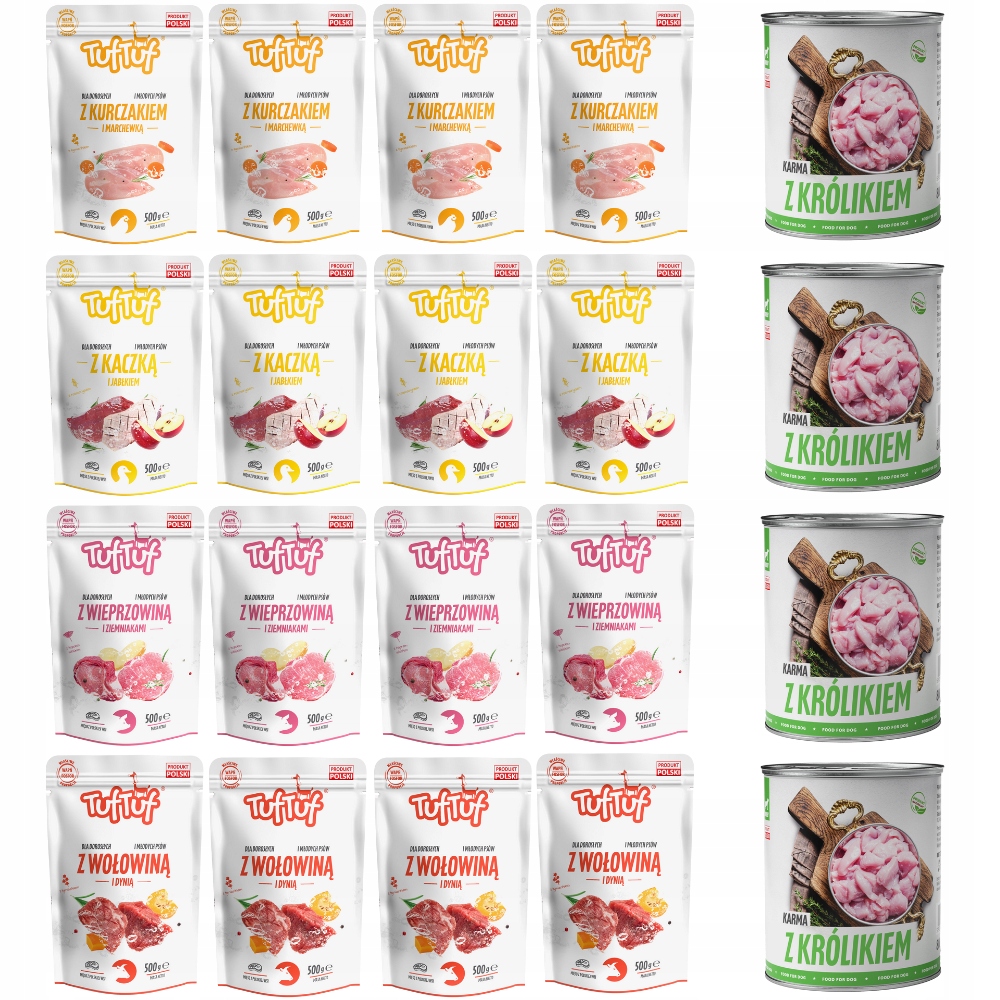Levně Vlhké Krmivo Tuf Tuf MIX Set Sáček 16x500G Plechovka 4x800G Králík