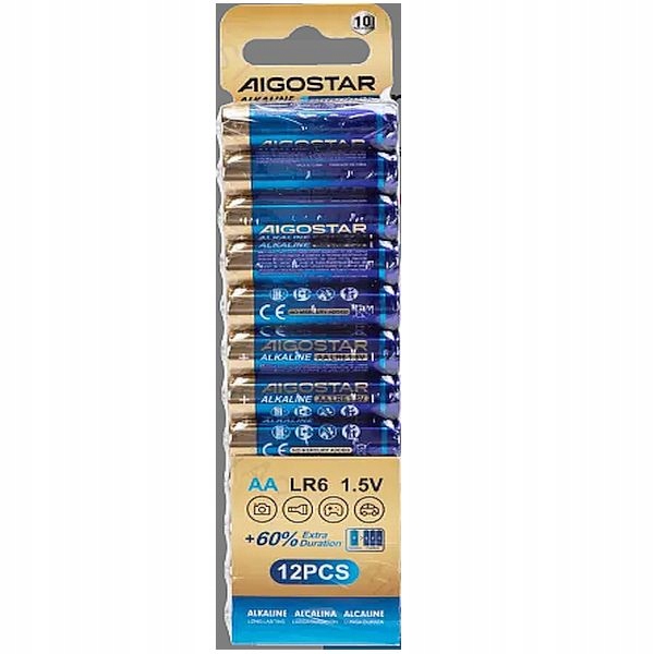 Bateria Aa LR6 R6 1,5V baterie alkaliczne Aigostar Extra paluszki KPL=12szt