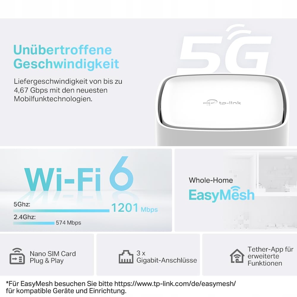 TP-LINK Router LTE 5G SIM AX1800 Dualband WLAN 3x Gigabit MU-MIMO — miniatura 3