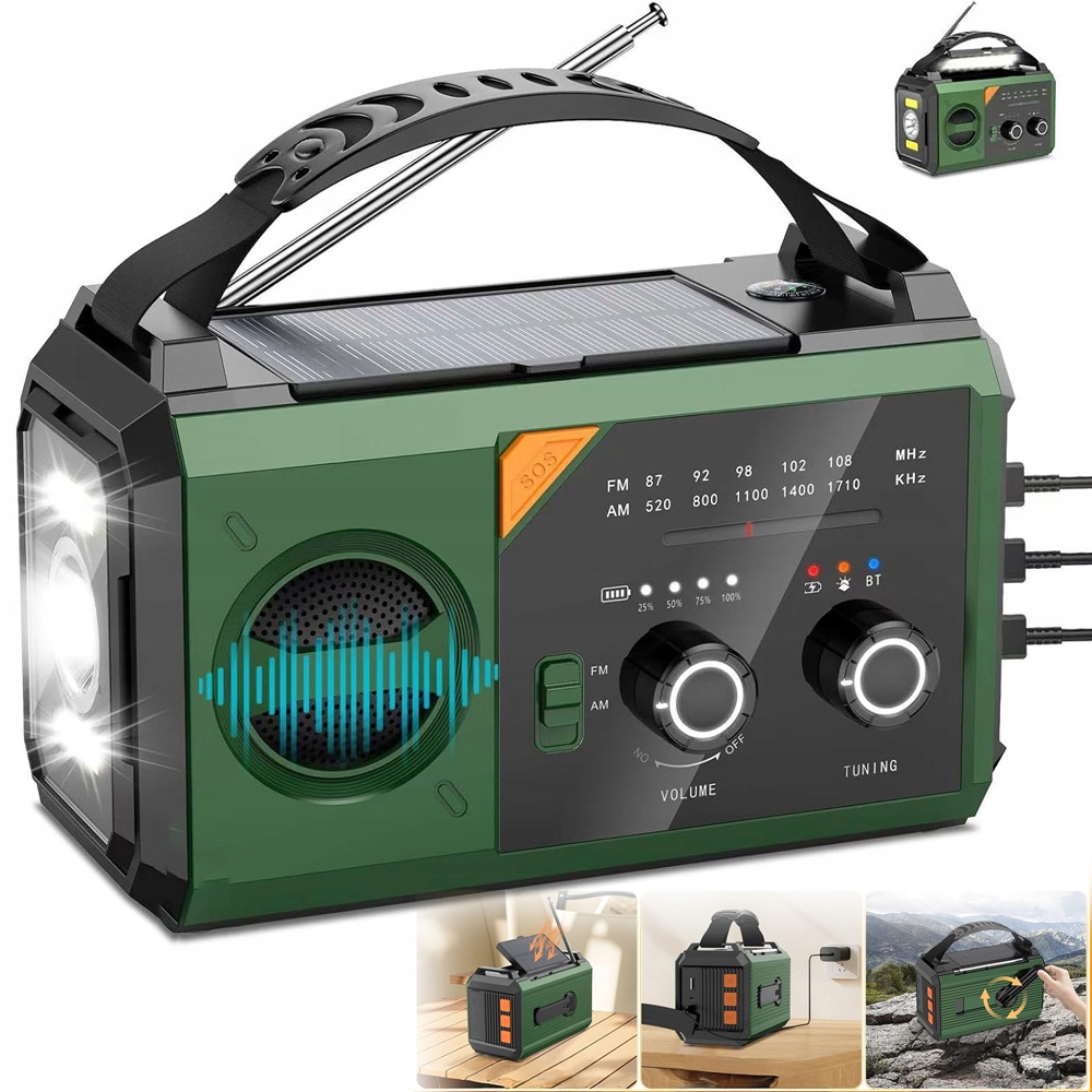 Radio Awaryjne Z Latarką Sos Ładowanie Korbą I Solarne Nawigacja Outdoor
