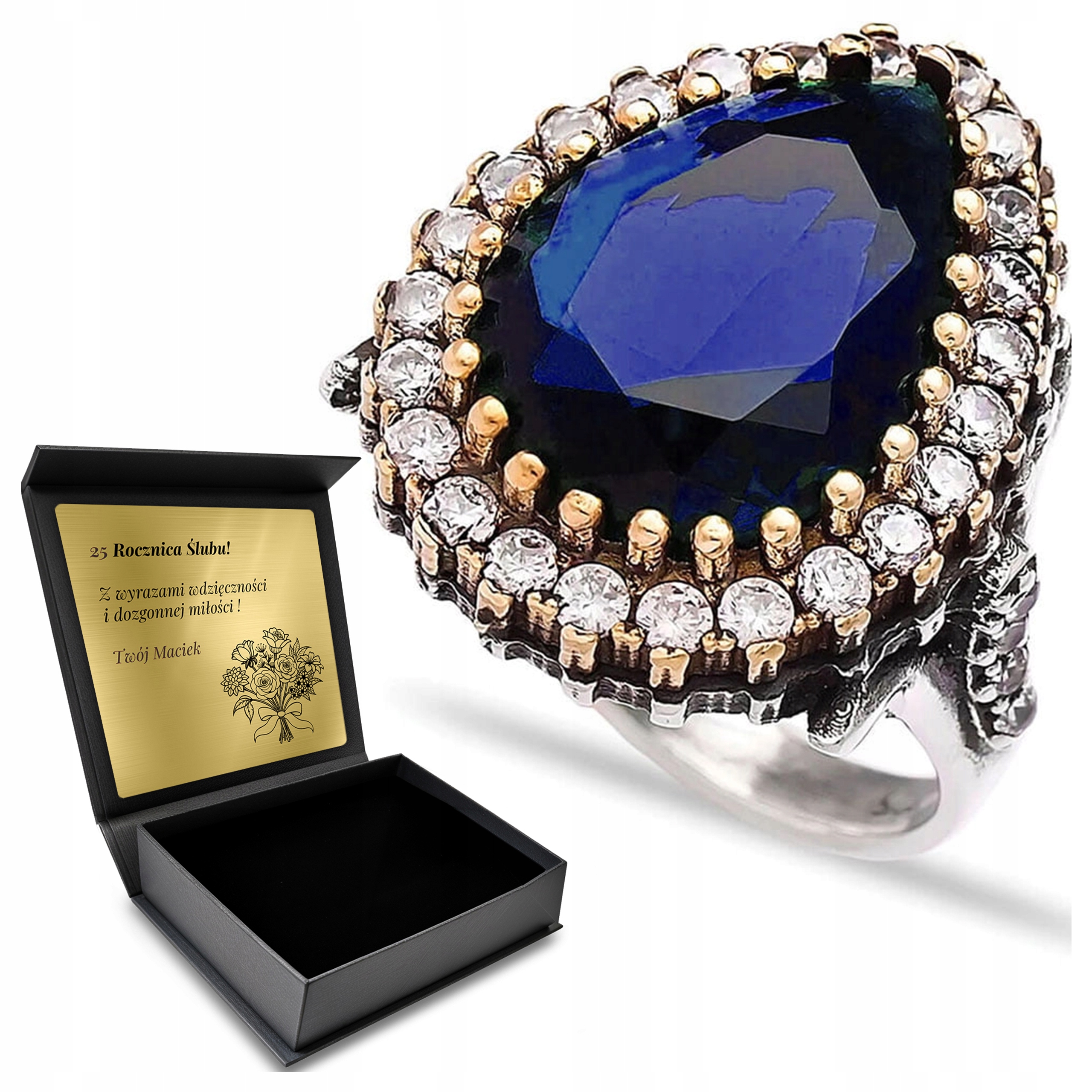 Prstýnek 925 Se Zirkony A Safírem Valentýn Gravírování Bonus