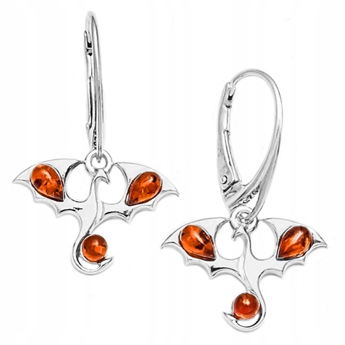 Náušnice Draci ze stříbra 925 s přírodním Jantarem, anglické zapínání Stříbrné
