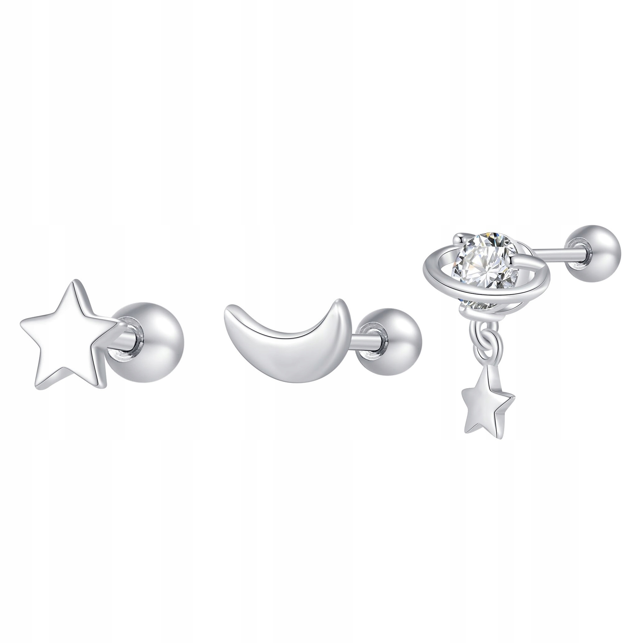 Srebrny zestaw trzech kolczyków rodowanych piercing gwiazdka srebro 925