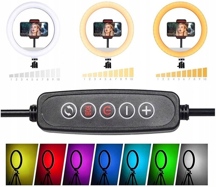 LAMPA PIERŚCIENIOWA RING LED ZE STATYWEM RGB DUŻA Źródło światła LED