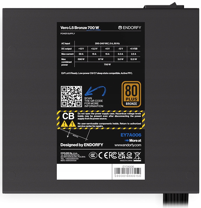 Napájecí zdroj 700 W Endorfy Vero L5 80 Plus Bronze EY7A006 Atx Pfc Fdb DC-DC