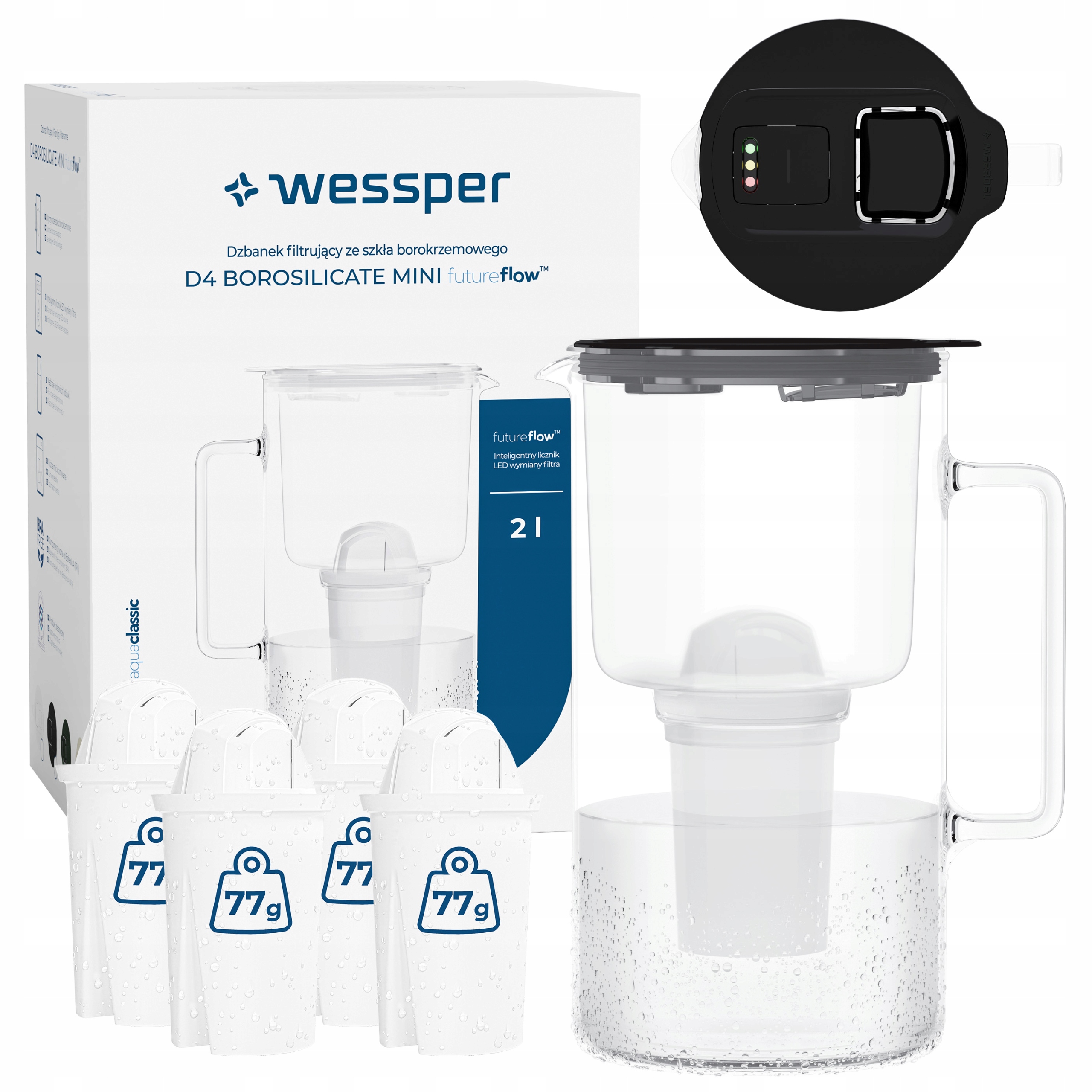 Szklany dzbanek filtrujący Wessper D4 Borosilicate Mini Ff 2l 6x filtr