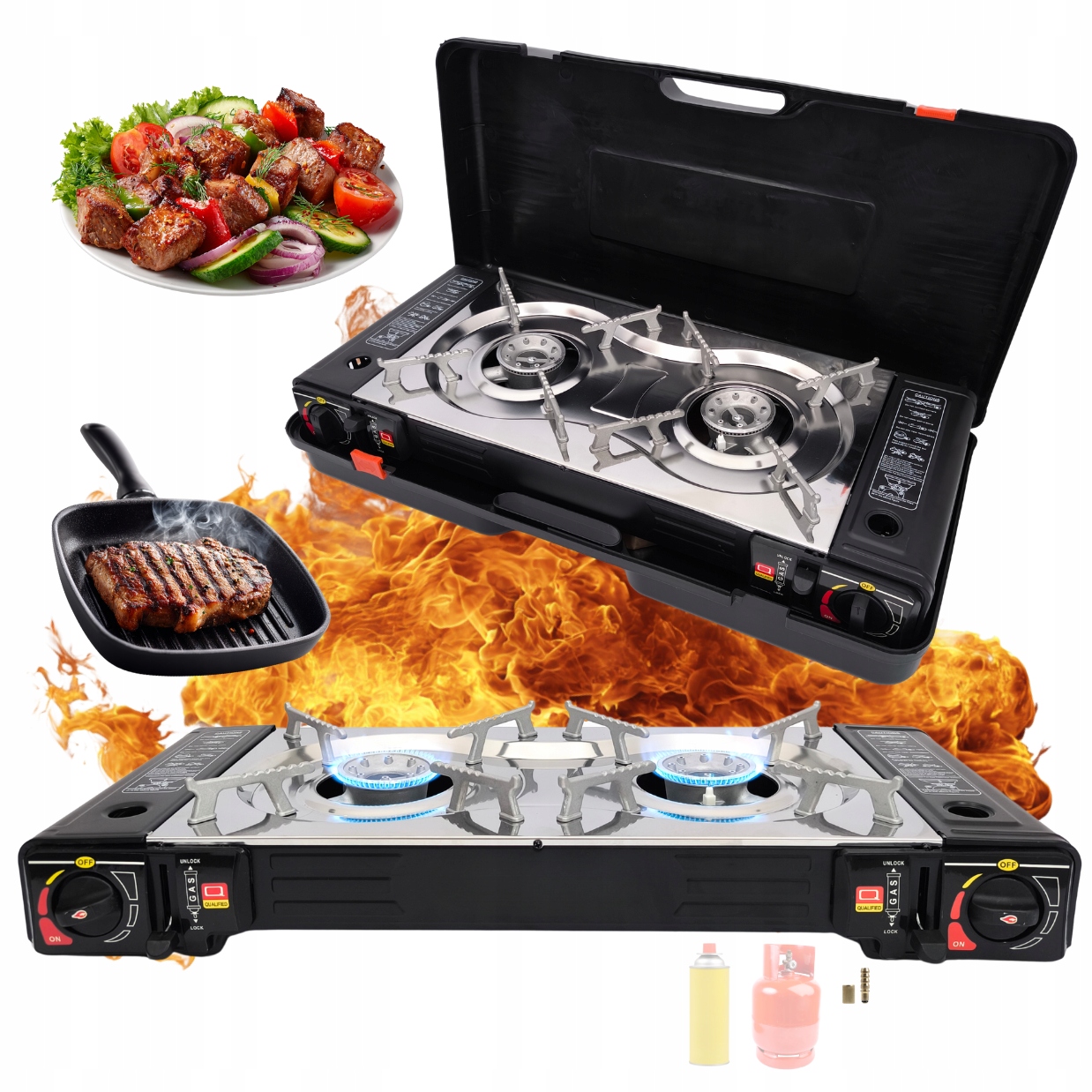 KUCHENKA TURYSTYCZNA GAZOWA PRZENOŚNA DWUPALNIKOWA KARTUSZE BUTLE + WALIZKA