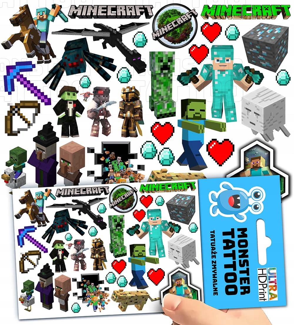 TATUAŻE ZMYWALNE TYMCZASOWE DLA DZIECI DZIECIĘCE MINECRAFT WZORY ORYGINALNE