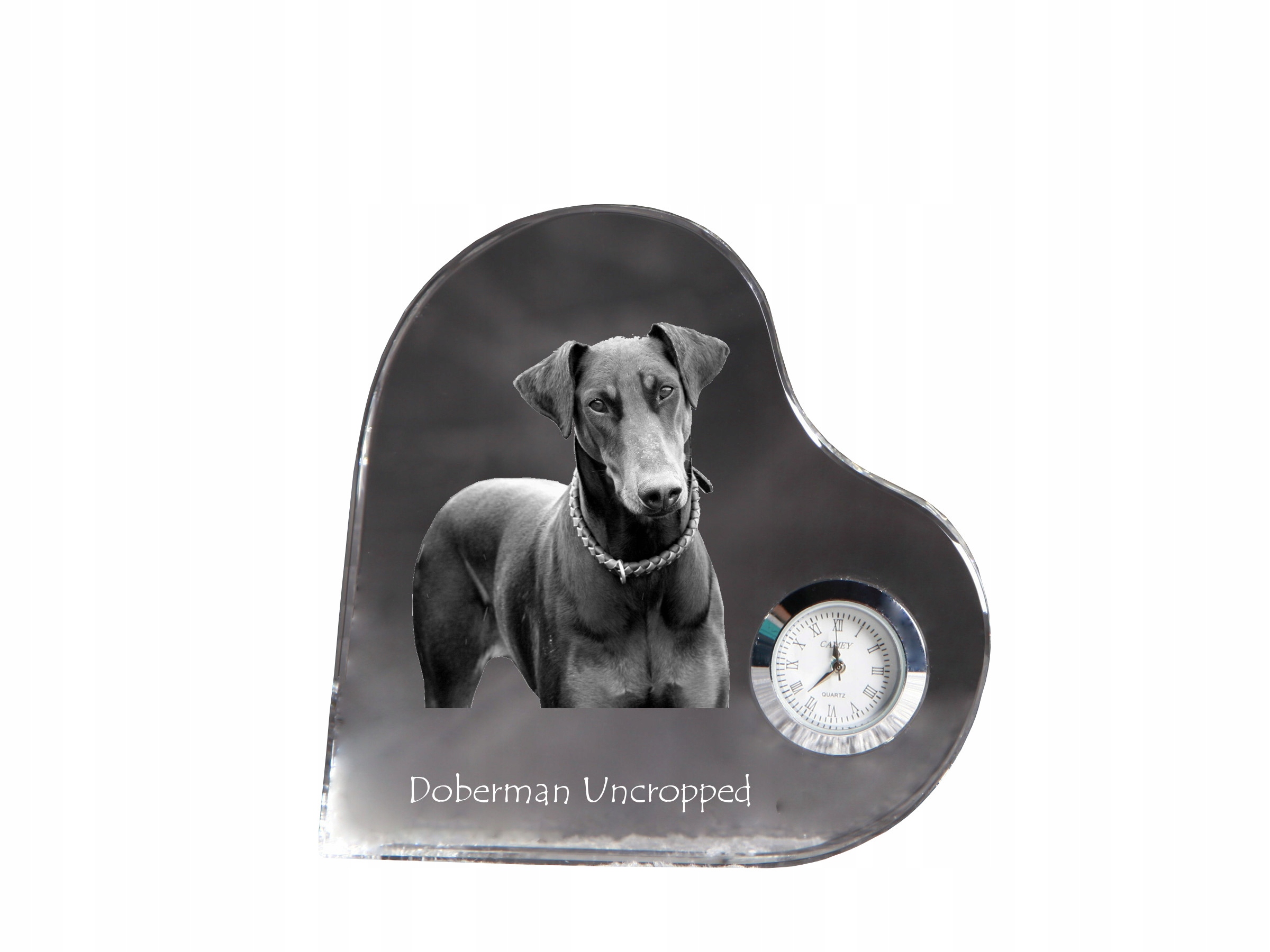 Doberman krištáľové hodiny v tvare srdca s vašou fotografiou