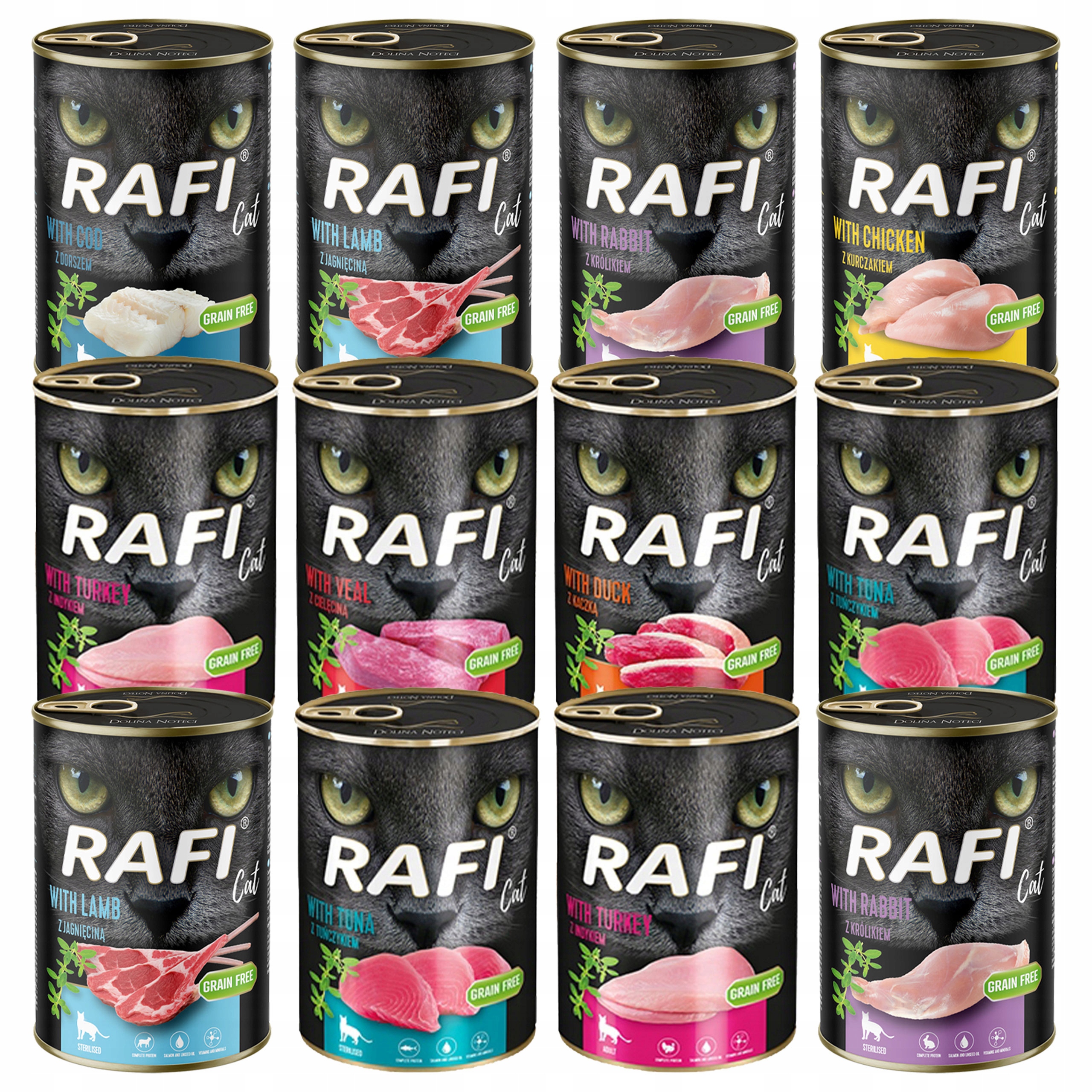 Levně Rafi Cat Dolina Noteci Krmivo mokré pro kočky mix chutí 12 x 400 g bez obilovin