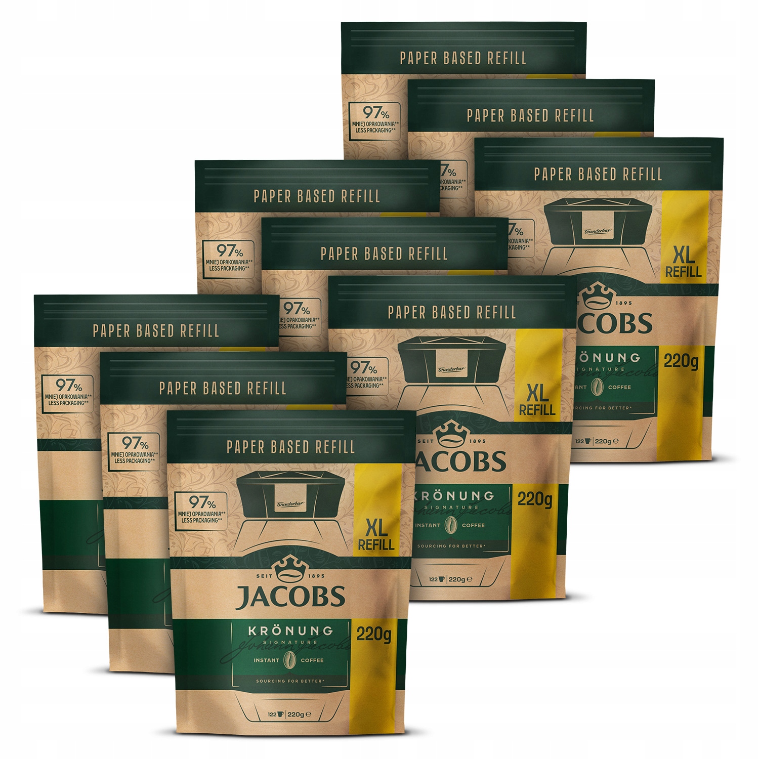 Zestaw kawa rozpuszczalna Jacobs Kronung refill XL zapas dosypka 9x 220g
