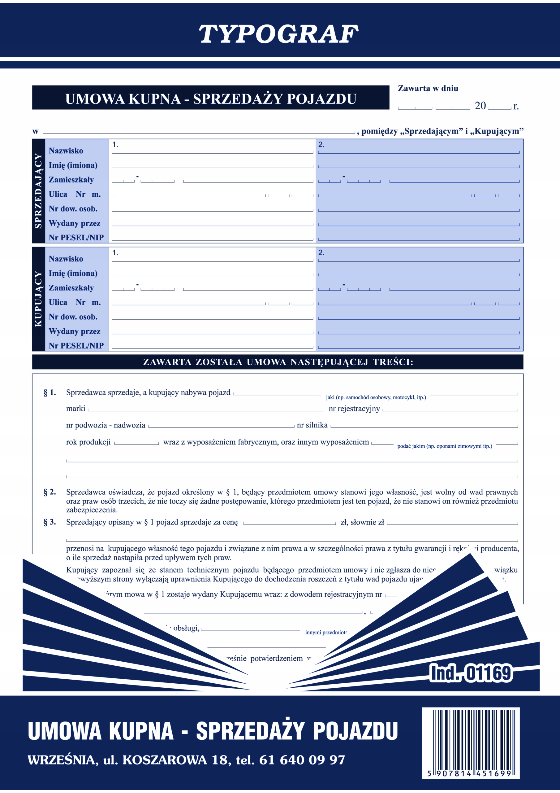 DRUK UMOWA KUPNA SPRZEDAŻY POJAZDU TYPOGRAF A4