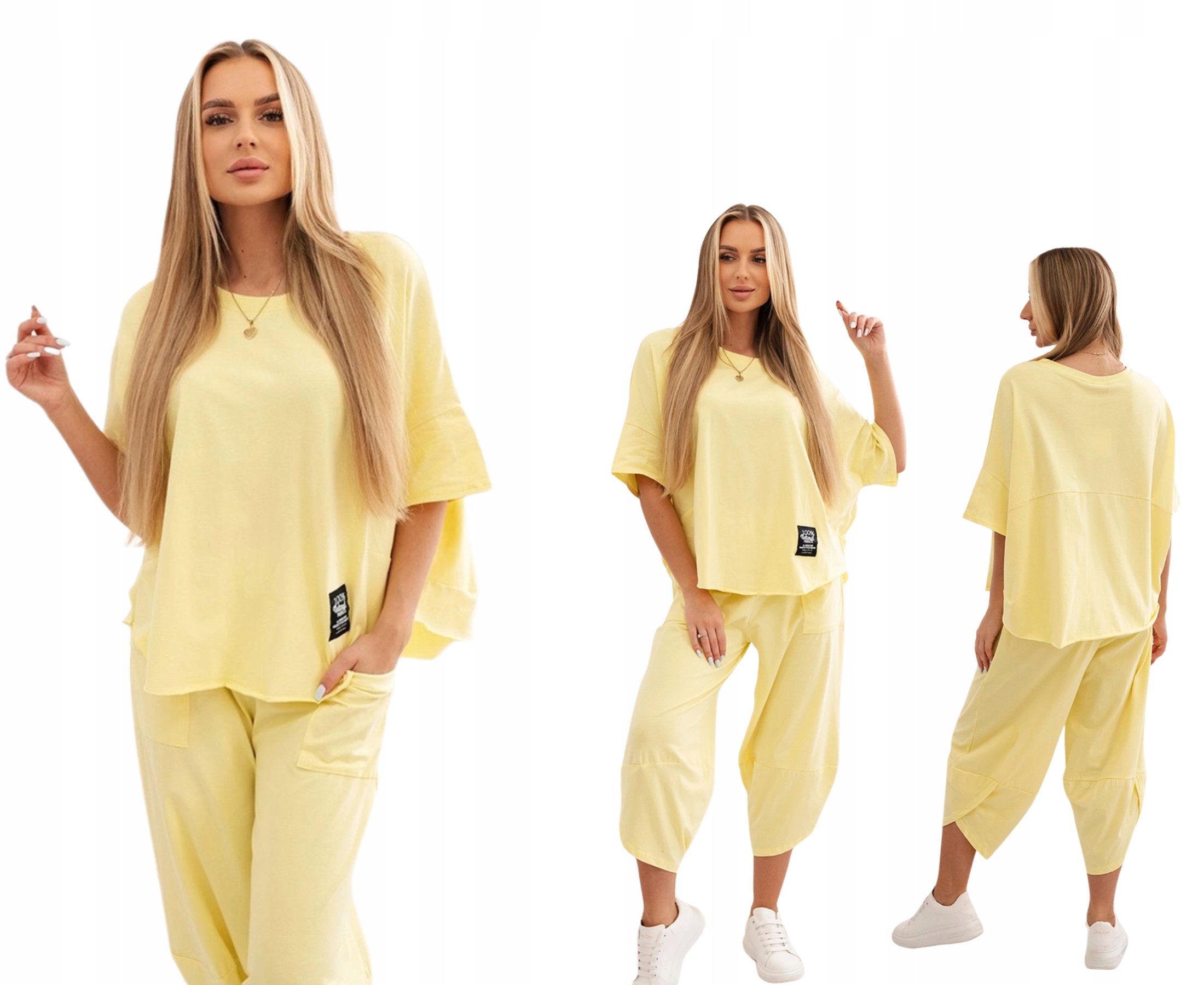 Citronový bavlněný komplet pro ženy: oversize halenka a kalhoty